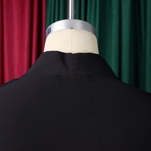 Detail of the high-quality stitching and collar texture on a black three-quarter sleeve dress