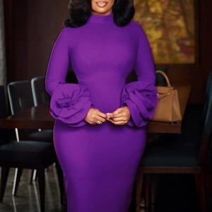 Close-up of the elegant purple mock neck dress with 3D rose flower details on the sleeve