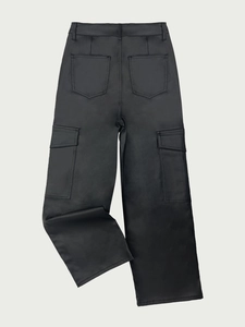 Women's black cargo faux leather high-waisted wide-leg pants with large side pockets