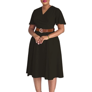 Detail of elegant black V-neck A-line dress with a brown leather belt and gold buckle