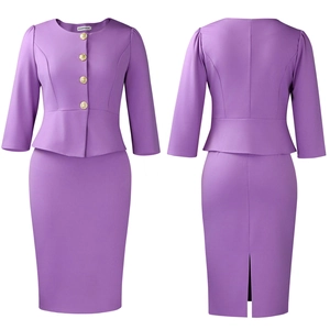 Front and back view of elegant purple two-piece set with golden buttons and pencil skirt