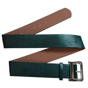 Detail of wide dark green leather belt featuring a large polished silver D-shape buckle