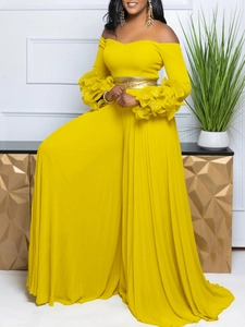 Combinaison Longue Femme Élégante Col Bateau Manche Volante Plissée Jambe Large Avec Ceinture Style Africain Soirée