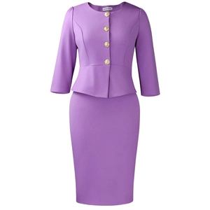 Detail of purple two-piece suit featuring gold embossed buttons and ruffled peplum waist