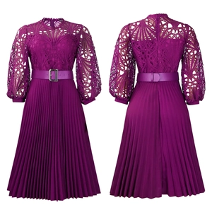 Front and back view of dark purple dress with lace hollow patterns and pleated skirt