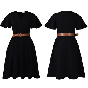 Macro view of black V-neck A-line dress with brown leather belt and flared sleeves