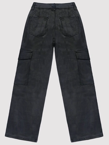 Detail of black faux leather cargo pants showing large side pockets and stitching