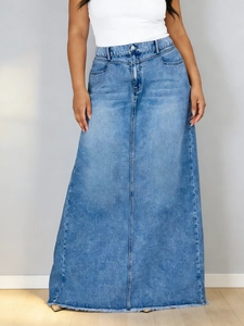 Jupe Maxi en Jean Grandes Tailles pour Femmes Taille Haute Bords Effilochés Bleu Délavé Coupe Trapèze Jupe Longue Décontractée
