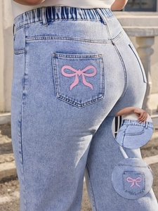 Plus size high waist wide leg light blue jeans with pink bow print on back pocket