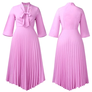 Detailed front and back view of a lavender pleated dress with V-neck and waist tie