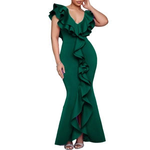Detailed view of the deep green V-neck evening gown with ruffled fishtail hemline