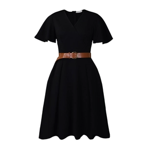 Detail of a black V-neck A-line dress with ruffle sleeves and brown leather belt