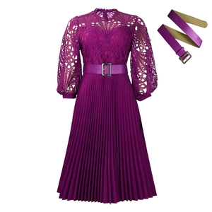 Detail of purple lace hollow-out bodice and pleated skirt with matching square buckle belt
