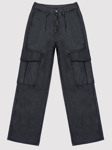 Detail of black faux leather cargo pants featuring utility side pockets and matte finish