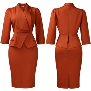 Rust red professional suit with blazer top and slit pencil skirt in a flat lay display