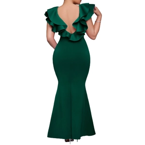 Detailed back view of deep green mermaid evening dress with V-neck and ruffled hem details