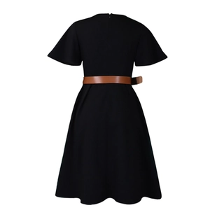 Back view of black A-line dress with short sleeves and brown leather waist belt