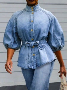 Women's Vintage Washed Denim Shirt Stand Collar Lantern Sleeve Tie Waist Belted Casual Single Breasted Denim Blouse Top