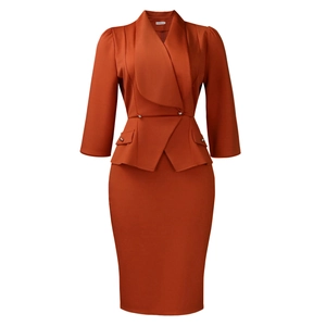 Detail of rust red business suit set featuring wrap peplum top and pencil skirt
