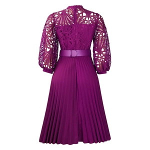 Detailed back view of purple lace hollow out maxi dress with pleated skirt and wide belt