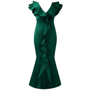 Detail showing the deep V-neckline with layered ruffles on a dark green mermaid maxi dress