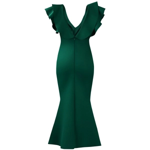 Detail view of deep green V-neck evening gown with back ruffles and fishtail skirt