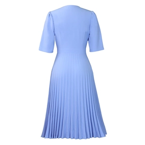 Detail of the elegant sky blue pleated hem and slim waist design of this summer V-neck dress