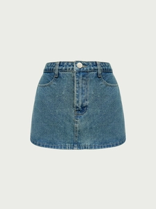 Classic blue denim mini skirt with a-line cut, metal button closure and washed finish
