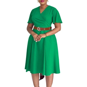 Detail of V-neck dress featuring short ruffle sleeves and a brown belt with gold buckle