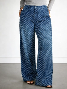 Women Plus Size Starry Pattern Denim Jeans Wide Leg Straight High Waisted Loose Cotton Blend Streetwear Trousers