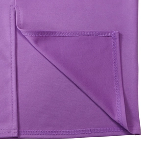 Detailed close-up showing split hem with precise double-needle stitching on purple knit fabric
