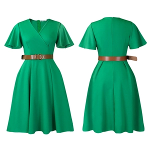 Front and back view of green V-neck dress with ruffle sleeves and brown waist belt