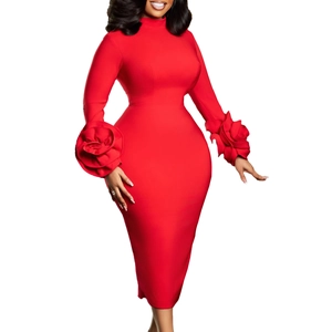 Detail of elegant red mock neck dress featuring large 3D rose floral cuffs on long sleeves