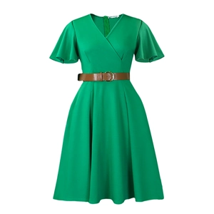 Detail of green V-neck dress with ruffle sleeves and brown leather waist belt