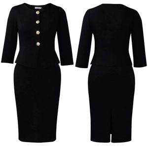 Detail of elegant black two-piece set with long sleeves and decorative gold embossed buttons