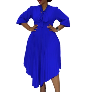 Elegant royal blue pleated midi dress featuring a bow tie neckline and three-quarter sleeves