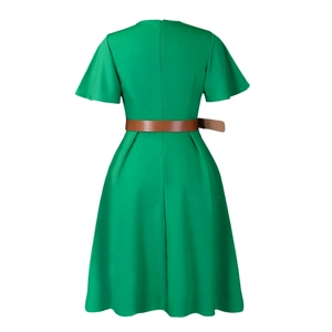 Detail view of green A-line dress back showing invisible zipper and brown belt