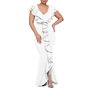 Detailed ruffled layers and split mermaid hem of the white V-neck evening gown