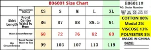 Size chart for denim maxi skirt showing measurements for XS to XL with fabric details