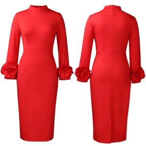 Detail of 3D floral decoration on the cuffs of a red slim fit elegant midi dress