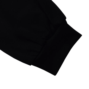 Close-up of the black ribbed cuffs showing fine knit texture on long sleeve dress