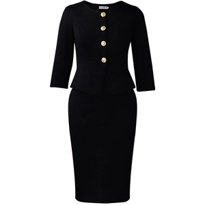 Detail of elegant black two-piece suit with ruffle peplum waist and golden buttons
