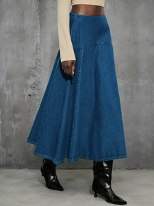 Women Elegant High Waist Denim Midi Skirt Large Flare Cotton Blend Water Washed Casual A-Line Jean Skirt For Daily Work