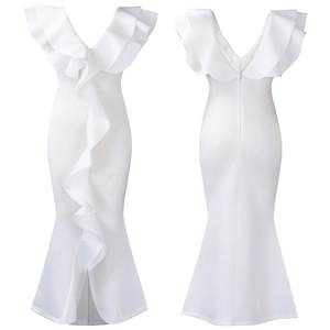 Detail of white V-neck fish-tail dress featuring elegant ruffles and a back zipper closure
