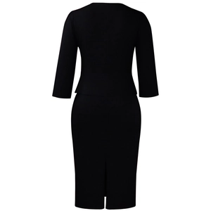 Detail of elegant black business dress featuring a professional back slit and slim fit