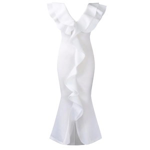 Detail of white V-neck evening gown featuring layered ruffles and fishtail hemline