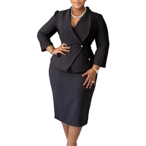 Detail view of black office suit with gold buttons and pencil skirt for professional women
