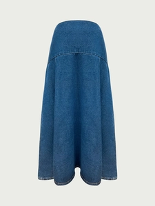 Elegant high-waisted dark blue denim maxi skirt with a wide flared A-line silhouette