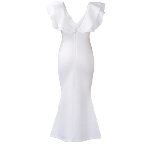 Back view of elegant white sleeveless mermaid dress with v-neck and ruffle shoulder detail