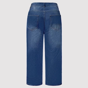 Rear view of high waist wide-leg jeans in dark blue wash with symmetric back pockets